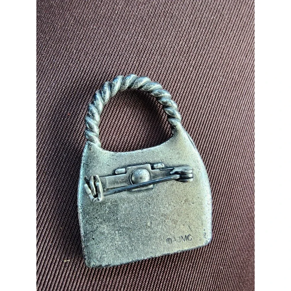 Vintage Signed AJMC Enamel Patchwork Purse Brooch Pin | Silver Tone Whimsical Ha